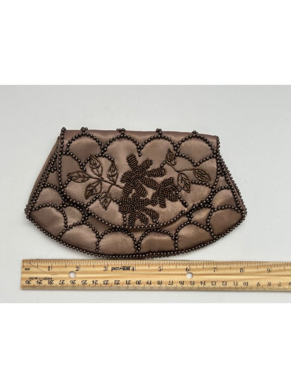 Vintage Brown Satin Beaded Clutch w/ Floral Motif Design - Picture 4 of 8